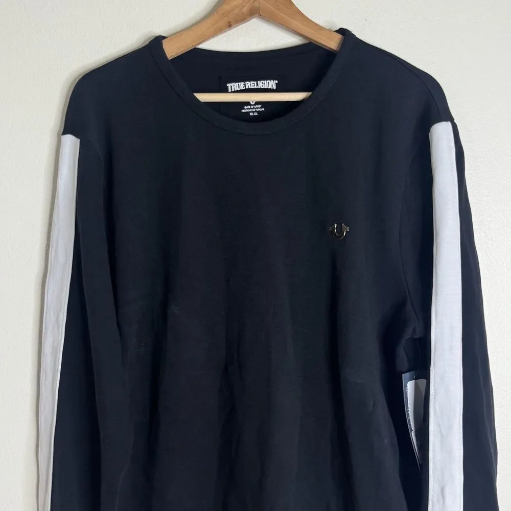 True Religion Sweater Mens 2XL Black White Contrast Stripe Crew Logo M18SF242K2G